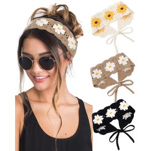 HAIMEIKANG Hippie Hair Bandanas Headbands for Women Boho Headband Knit Hair Bands Floral Head Wrap for Girls(Black+Coffee+Beige)