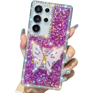 Cute Compatible with Samsung Galaxy S25 Ultra 6.8 inch Girly Case, Bling Glitter Diamond Butterfly Kickstand Case, Soft Silicone Cases for Women(Purple)