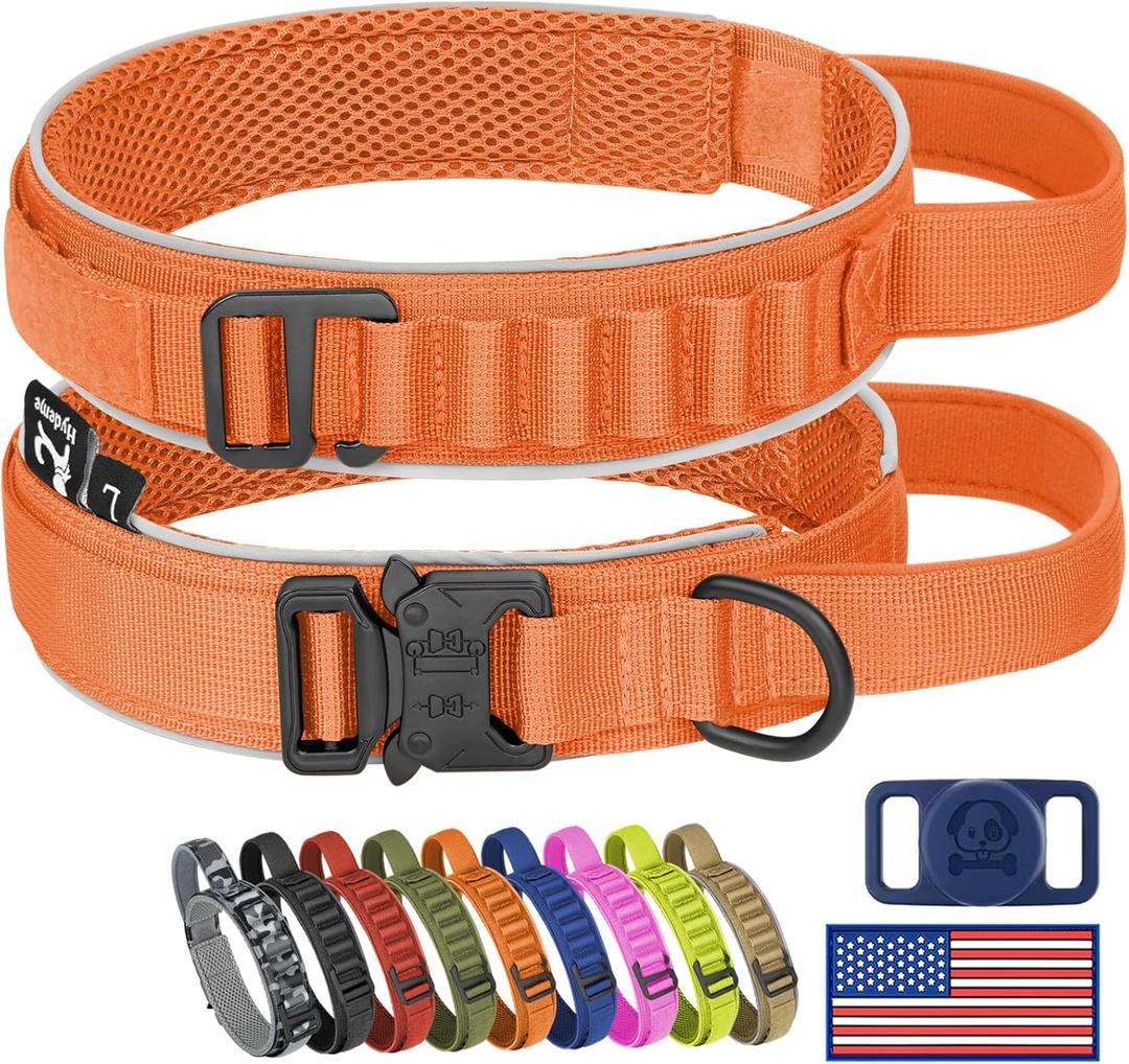 HYDEME Tactical Dog Collar, Alpine Loop Adjustable Military Training Nylon Dog Collars with Handle and Reflective for Small Medium Large Dogs, with Airtags Protective Case & Patches.(L,Orange)