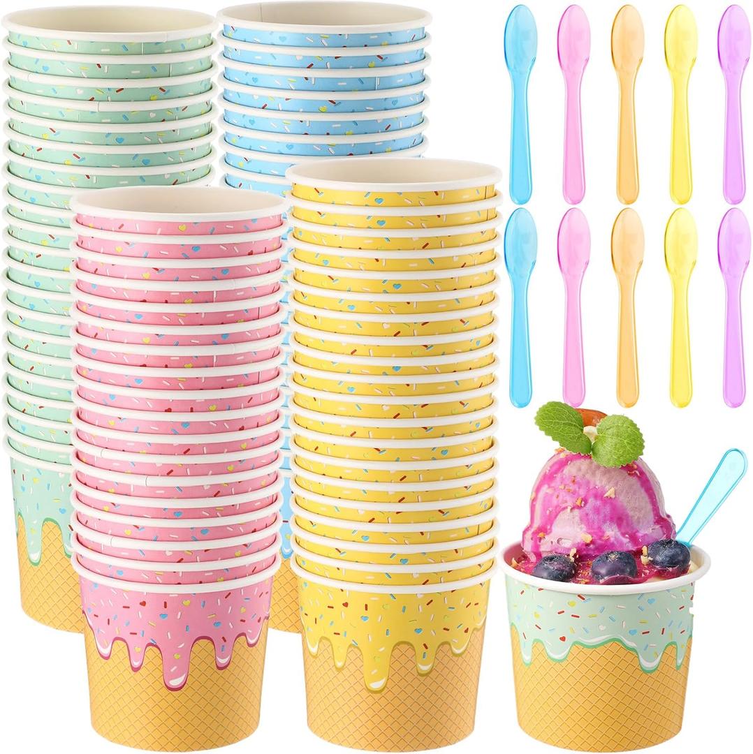 40 Pack 6 oz Ice Cream Cups with Spoons Paper Dessert Cups Colorful Sundae Bowls Disposable Ice Cream Containers for Hot Soup Spring Summer Graduation Bar Party Supplies