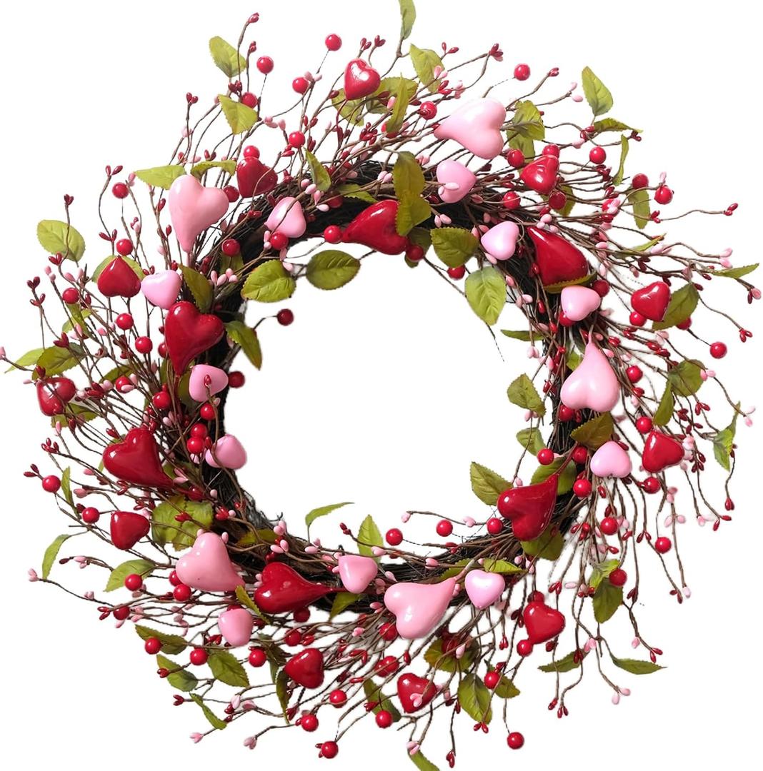 idyllic 22 Inch Valentine Green Leaf Heart-Shaped Berry Wreath, Pink Red Heart Berry Decor for Front Door Mantel Table Window Wall Wedding Porch Indoor Dinner Gift