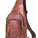 BULLCAPTAIN Leather Sling Bag Mens Chest Bag Casual Shoulder Crossbody Bags Travel Hiking Backpacks Daypack with USB Charging Port (Brown)