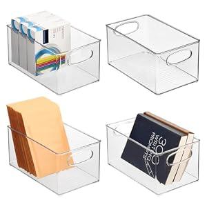 mDesign Plastic Home Office Organizer - Basket Storage Holder Bin with Handles for Desk, Cupboard, Cabinet, or Rolling Cart Shelves - Holds Notebooks, Files - Ligne Collection - 4 Pack - Clear