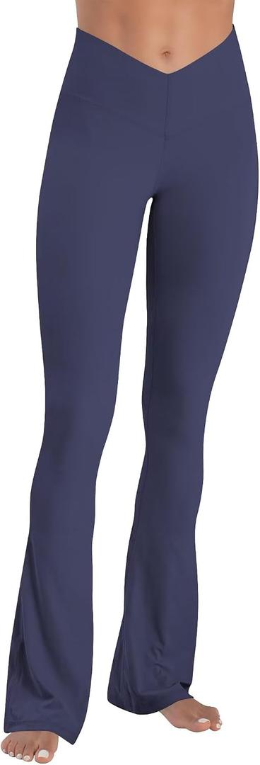 Sunzel Mini Flare Leggings for Women V Crossover Mid Rise Workout Flared Yoga Pants with Tummy Control and Wide Leg (Blue, XL)