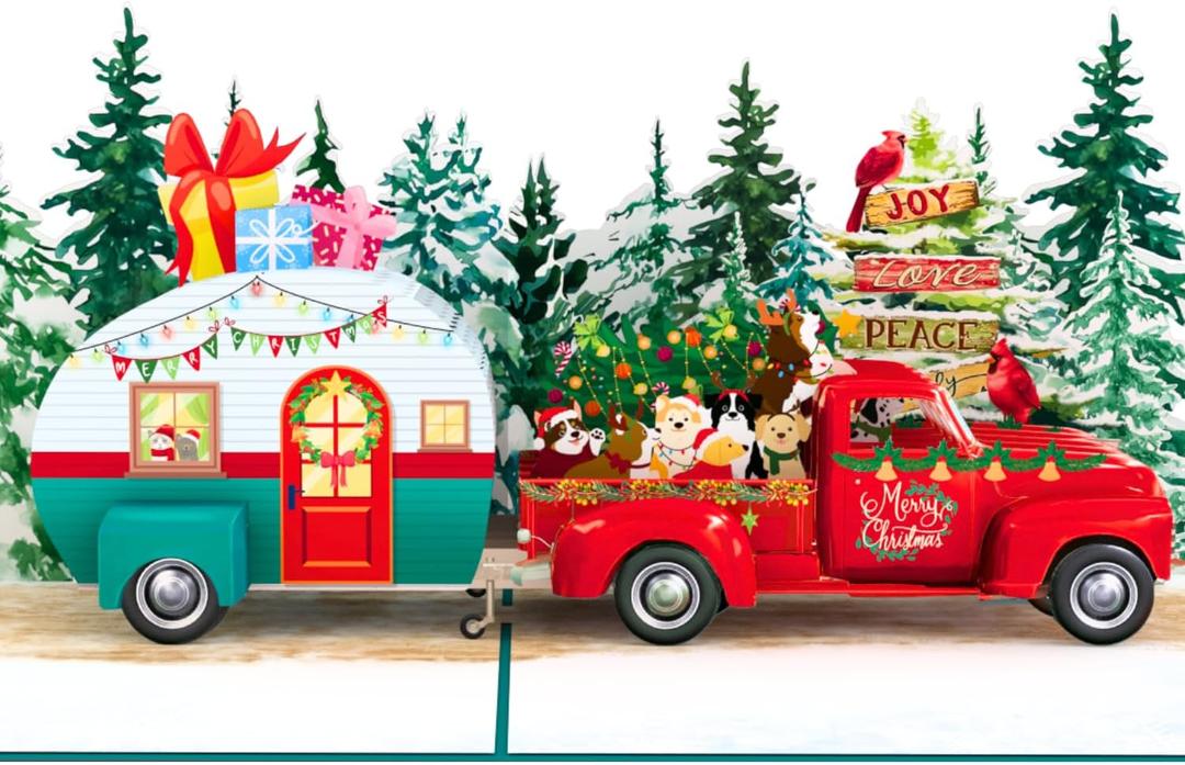 HEARTAGS- Pop Up Christmas Card, 3D Camper Christmas Pop Up Card, 6x8 in Popup Holiday Gretting Cards For Husband, Wife, Kids, Mom, Dad, Son, Daughter, Parents, Adults With Envelope and Message Note