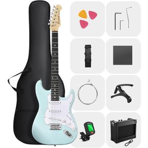 DONNER DST-80 Electric Guitar 39 Beginner Electric Guitar Kit with Amp, Classic SSS Pickup Complete with Gig Bag, Tuner, Capo, Strap, Picks, and Free Online Lessons (Surf Green)