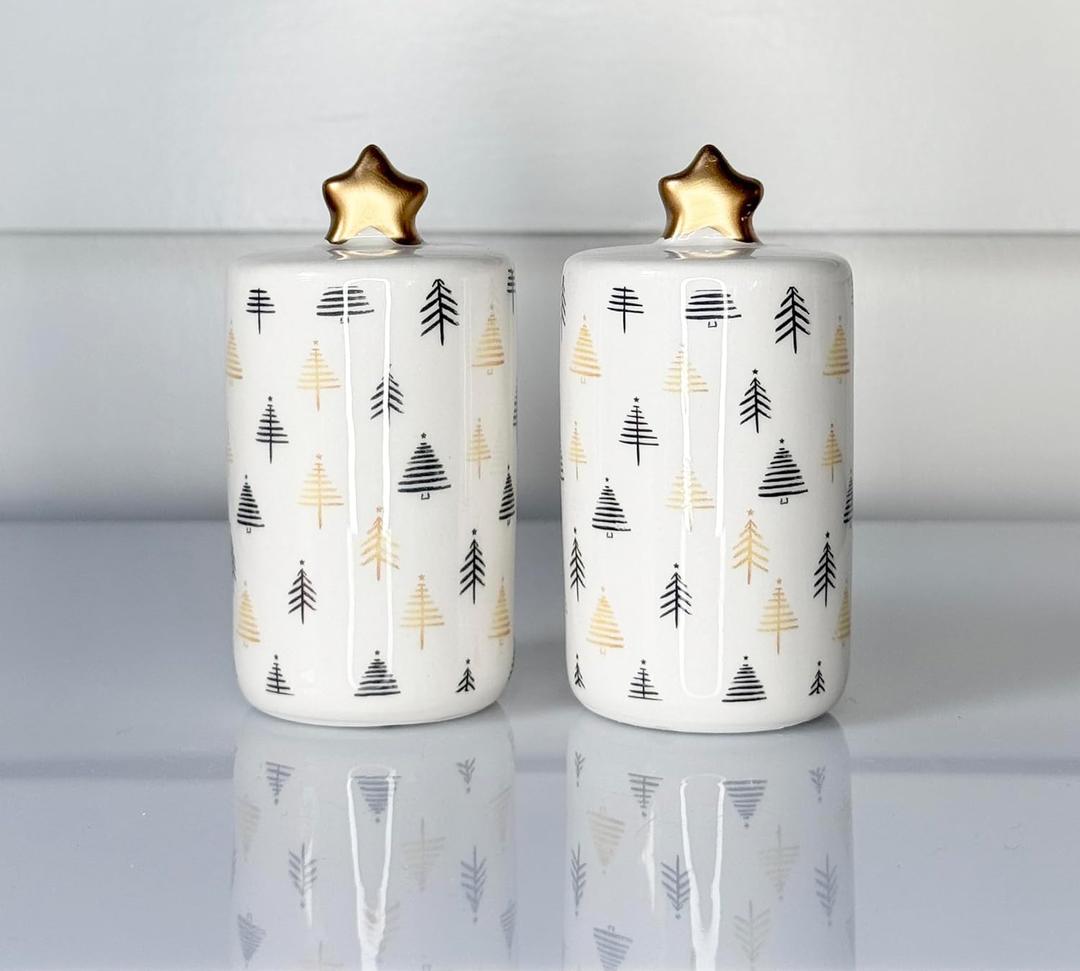 Modern Christmas Tree Salt and Pepper Shaker Set, Ceramic with Gold Stars, 3.5" x 1.75", White and Black