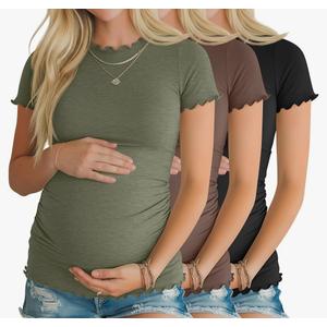 Xaatren 3 Pack Women's Maternity Shirts Crew Neck Short Sleeve Maternity Tops Side Ruched Lettuce Trim Pregnancy Tees, Size: M