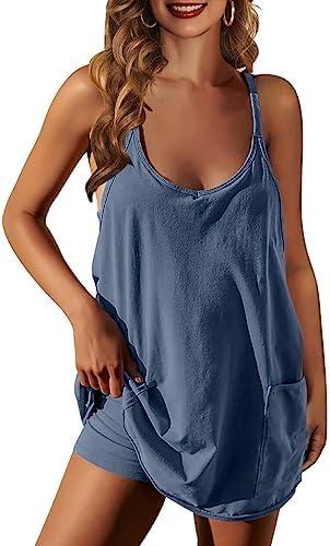 NATRAKI Athletic Dress for Women Hot Shot Mini Dress Onesie Oversized Romper Pockets Built-in Shorts Summer, Size Small