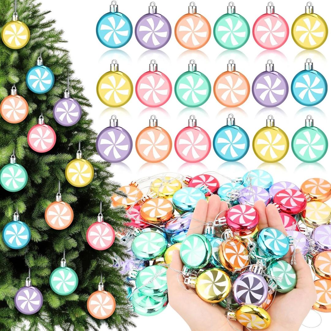 Soulchen 48 Pcs Pastel Christmas Candy Hanging Ornaments 1.5 Inch Mini Colorful Peppermint Christmas Tree Decorations Pastel Xmas Hanging Tree Pendants for Xmas Party Favor Home Decorations