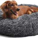 Round Calming Dog Beds for Medium Dogs 30 Inches Anti-Slip Donut Washable Plush Faux Fur Pet Bed fits up to 45 lbs Pets,Dark Gray
