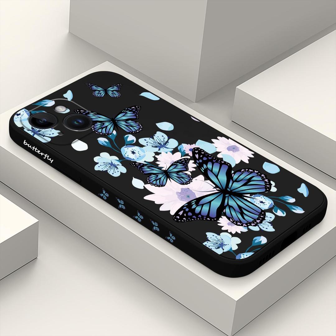 for iPhone 15 Case Anti Scratch Soft Microfiber Lining, Soft Shockproof Slim Fit Floral for iPhone 15 Phone Cover 6.1 inch-Aurora Butterfly Black