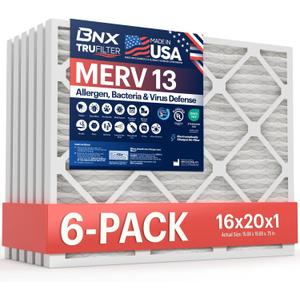 BNX TruFilter 16x20x1 Air Filter MERV 13 (6-Pack) - MADE IN USA - Electrostatic Pleated Air Conditioner HVAC AC Furnace Filters for Allergies, Pollen, Mold, Bacteria, Smoke, Allergen, MPR 1900 FPR 10