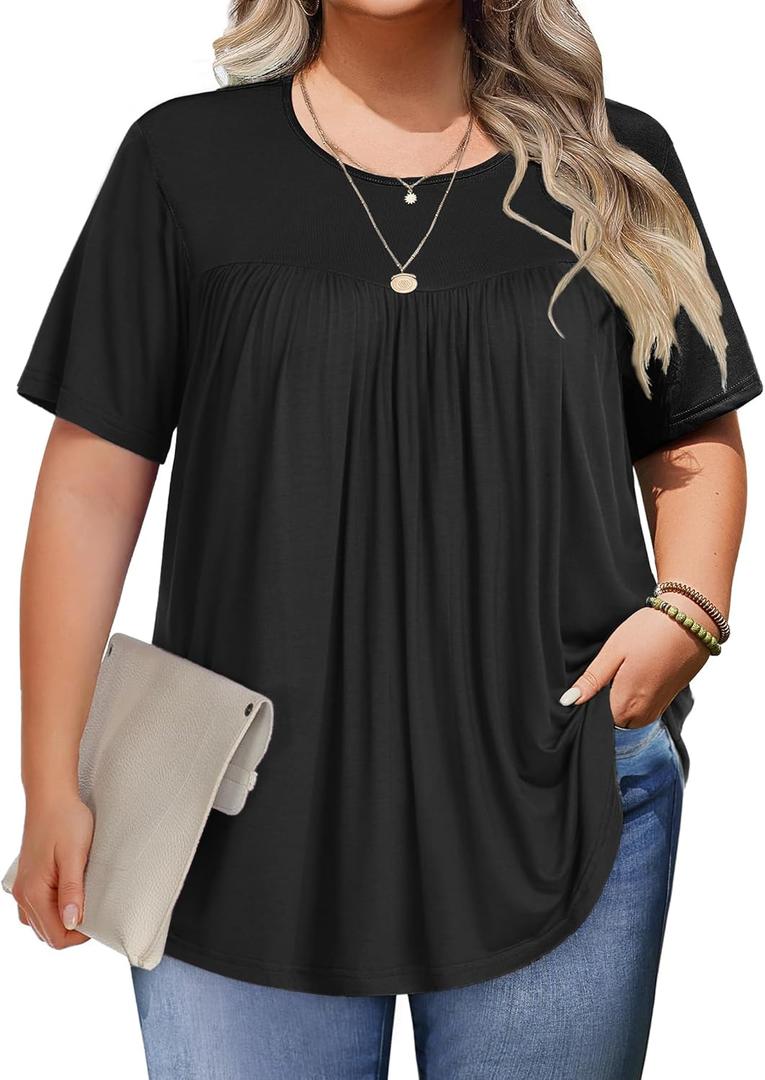 IN'VOLAND Womens Plus Size Tops Short Sleeve Tunic Crew Neck Shirts Summer Casual Loose Blouse 1X-5X (4X, Black)