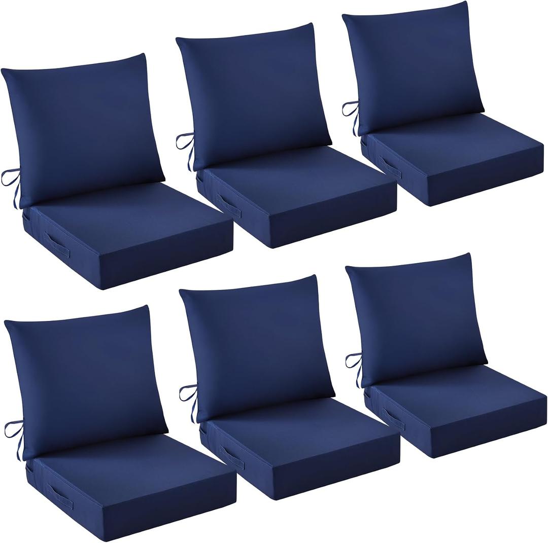 Outdoor Chair Cushions, 24 x 24 Inch Outdoor Cushion for Patio Furniture, Patio Chair Cushion, Waterproof & Fade Resistant Deep Patio Furniture Cushions Set with Handle and Ties, Navy Blue (Set of 6), 24*24+5.75/25*22.5