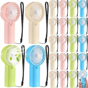 Woanger 24 Pack Mini Handheld Fan Bulk with Rope Hanging Portable Eyelash Fans Small Personal Cooling for Wedding Travel Makeup Camping Hiking Independent White Box (Beige Pink,Blue,Green), 2.36x4.92 Inches