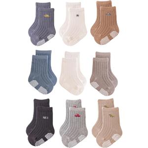J Poqobog Baby Crew Socks,Grips Combed Cotton Socks Toddler Non-Skid for Girls,Boys Non Slip/Anti Skid 9-Pack