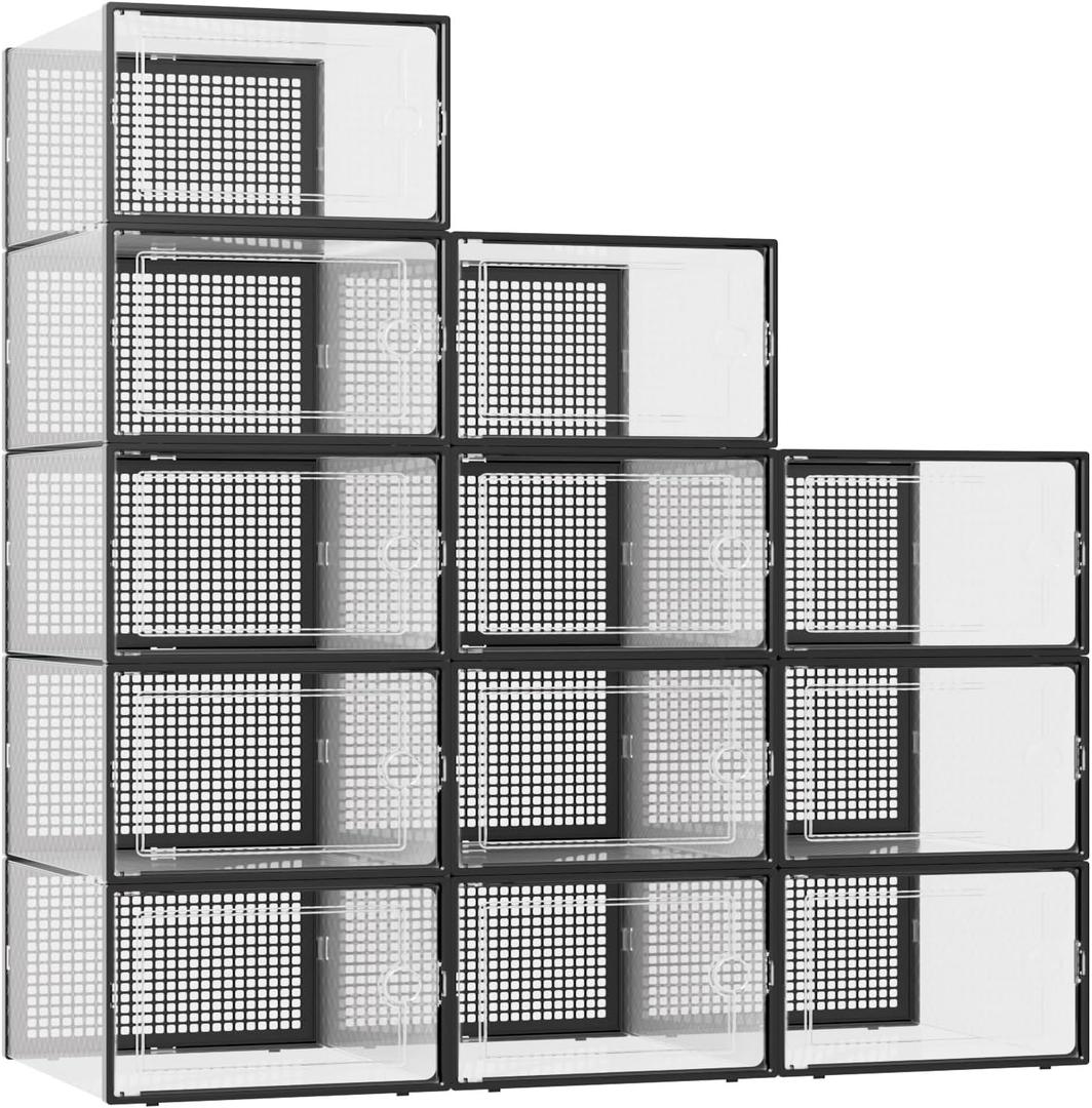 Kuject XXX-Large Shoe Storage Boxes Organizers Clear Plastic Stackable 12 Pack, Shoe Rack & Holder Substitute, Sneaker Containers, Toy Storage Organizer Bins for,Closet, Under Bed, Black(No Fold Line)