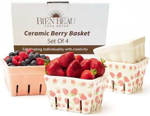 Ceramic Berry Basket, Farmhouse Colander, Strawberry Decor, Fruit Bowls, Fruit Baskets, Kawaii Strawberry Kitchen bowl, Pink White and Cute Strawberry pattern Stoneware Harvest Square Bowls Set of 3