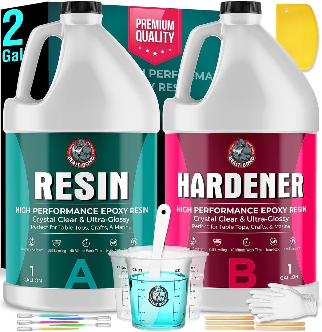 Epoxy Resin 2 Gallon Kit, High-Performance Table Top Epoxy Resin, Self-Leveling, Minimal Bubbles, Clear, Glossy, UV Resistant, Perfect for Table Tops, Crafts. DIY & Pro Number 1 Choice
