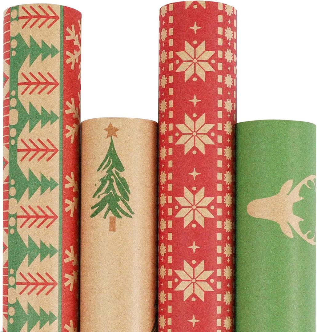 LaRibbons Kraft Christmas Wrapping Paper Set, 30 Inch X 10 Feet (4 Rolls: 100 Sq. Ft. Ttl) Snowflake, Green Tree, Deer Antlers and Gift Box Shapes Design for Xmas, Party, Holiday, Celebration