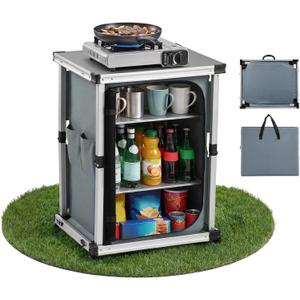 VEVOR Folding Camping Storage Cabinet, Outdoor Portable Aluminum Lightweight Table, Quick Set-up Compact Kitchen Cook Station, with 3 Shelves and Carry Bag, for Picnic, BBQ, Camping, RV Traveling, 24 x 20.1 x 31.5 in