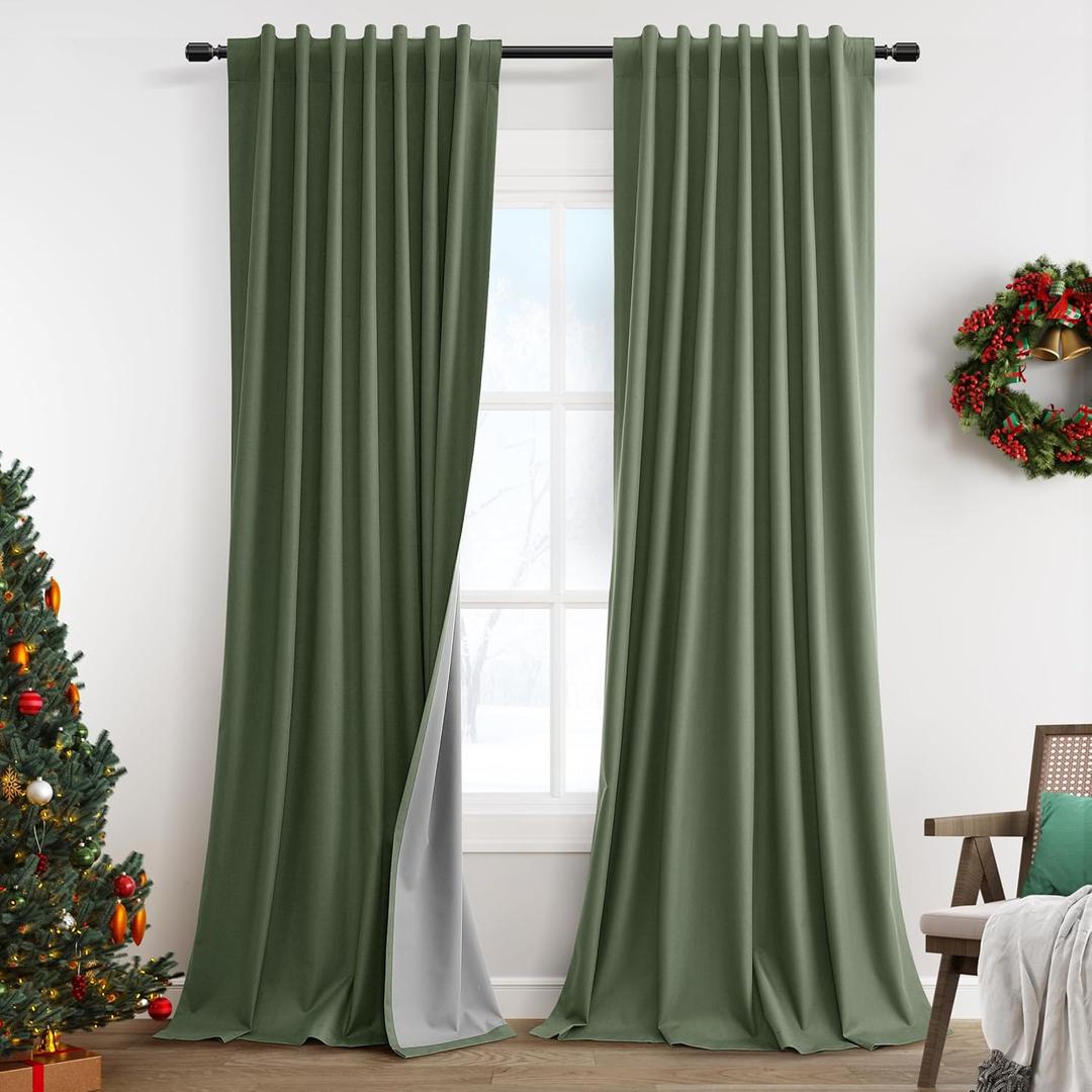 100% Blackout Linen Curtains 84 Inch Length 2 Panels Set Olive Green Luxury for Bedroom Windows Living Room Darkening Dark Green Thermal Insulated Drapes Nursery 7ft Long Back Tab Pleated Pocket