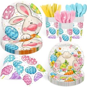 168PCS Easter Party Supplies Easter Egg Party Decorations Cartoon Bunny Paper Plates and Napkins Cups for Spring Themed Easter Birthday Party Serves 24