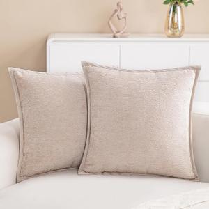 Hompooll 2 Packs Neutral Decorative Throw Pillow Covers 18x18 Inch Camel Farmhouse Soft Chenille Couch Pillow Covers, Modern Accent Euro Velvet Solid Pillowcase For Living Room Home Decor Bedroom Gift