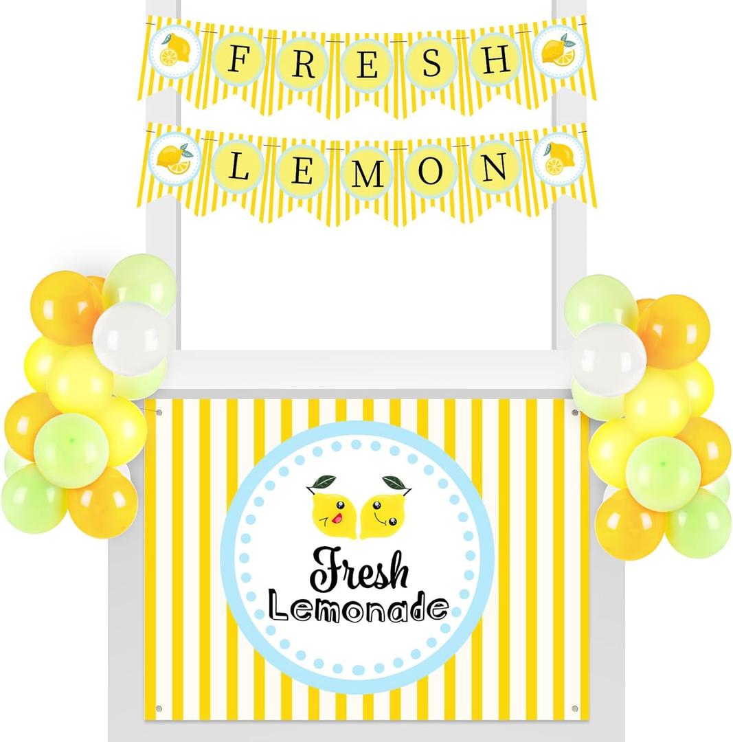43 Pcs Lemonade Stand Supplies 45 x 31 Inch Tablecloth, 2 Fresh Lemon Garland, 40 Latex Balloons for Fresh Squeezed Lemonade Stand Decorations Kit Summer Lemon Birthday Party(Striped)