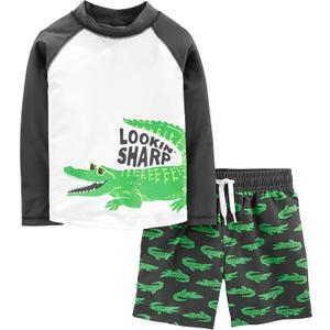 Simple Joys by Carter's Toddlers and Baby Boys' Swimsuit Trunk and Rashguard Set (2T, Black Crocodile Print)