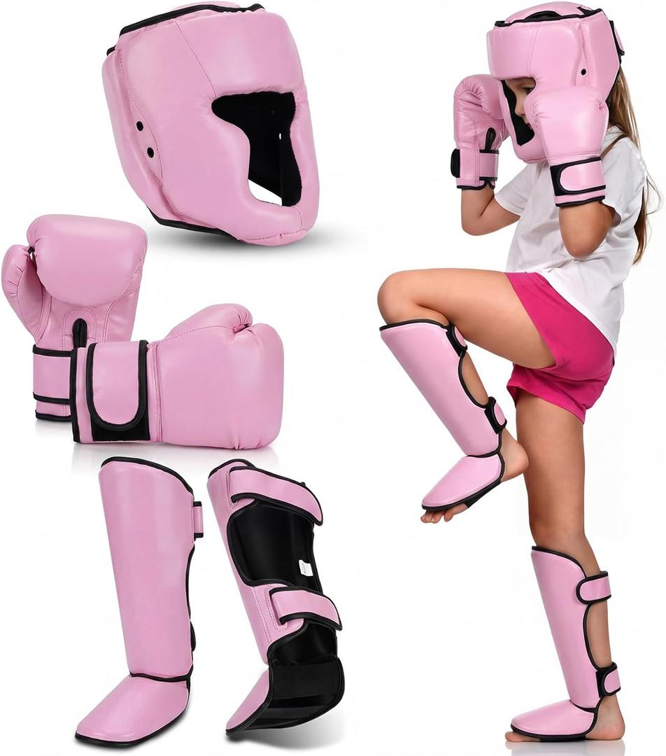 Arrowbash 5 Pcs Boxing Guards Set for Kids with Sparring Headgear, 6oz Boxing Gloves and Leg Shin Guards Wrestling Headgear for Youths Teens Boys Girls Kickboxing Karate Muay Thai BJJ Training (Pink)