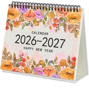Desk Calendar 2026-2027, Small Desktop Calendar 6.8" x 8"with Floral Design, 18-Month Flip Calendar with Daily Blocks for Teacher, Office & Home, Bonus Stickers