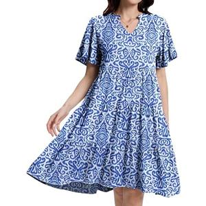 HeJoy Womens Casual Tiered Swing Midi Dress Ruffle Sleeve V Neck A Line Petite Summer Dresses with Pockets, M