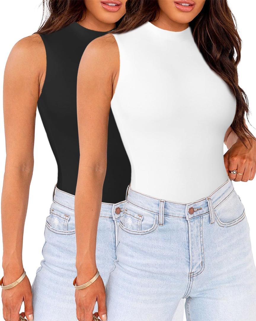 WAYMAKER Mock Neck Bodysuits for Women Sleeveless Basic Tank Top Body Suit Shirts (Medium, Black,white)