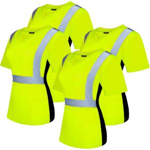 4 Pcs Women High Visibility Safety Shirts Hi Vis T-Shirt Safety Workwear Work Construction Short Sleeve (Large, Fluorescein)