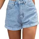 SweatyRocks Women's High Rise Roll Up Hem Straight Leg Denim Jean Shorts with Pocket (Light Blue) S