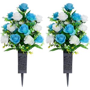 LVXINLI 2 Sets Artificial Cemetery Flowers,Memorial Flowers,Beautiful Arrangements for Headstones,Black Plastic vase with Drainage Hole Long Spikes Outdoor Memorials(Dark Blue)…