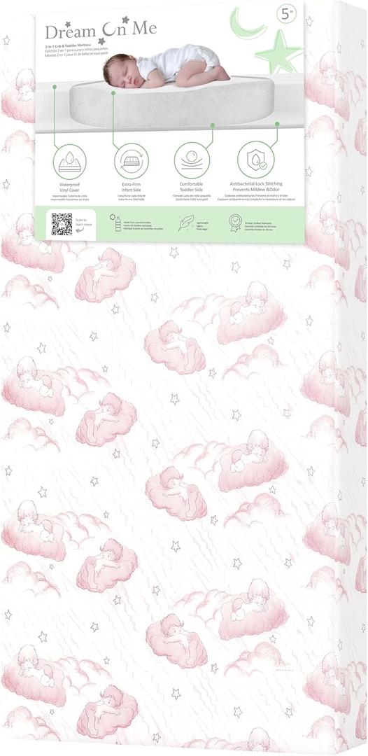 Dream On Me Serene Snooze 2-in-1 Crib Mattress, Dual-Sided for Infants & Toddlers, Waterproof Cover, GREENGUARD Gold Certified, Fits Full Size Crib & Toddler Bed, 52” x 28” x 5”