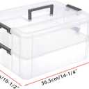 JUXYES 2-Tiers Stack Carry Storage Box With Handle, Transparent Stackable Storage Bin With Handle Lid Latching Storage Container for School & Office Supplies