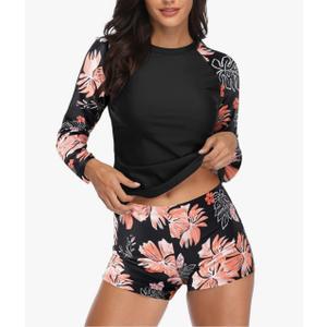 Bonneuitbebe Women Two Piece Rash Guard Bathing Suits Long Sleeve Built in Bra Swimsuits with Drawstring Waistband Boyshorts S