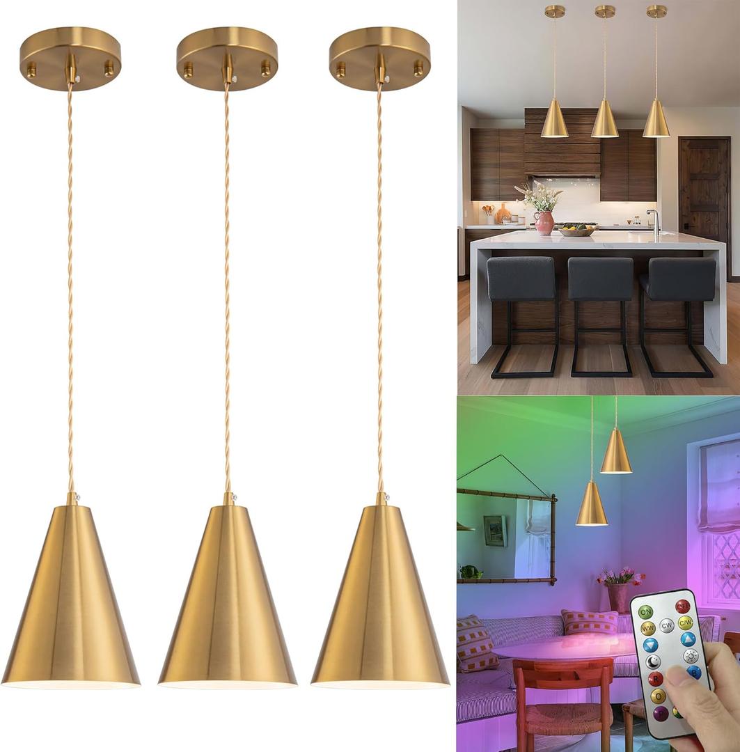 Battery Operated Pendant Light With Remote, Wireless Hanging Light Without Wiring, 3 Pack Pendant Lighting For Kitchen Island, Battery Chandelier With 30hrs Battery Life Rechargable Light Bulbs, Gold