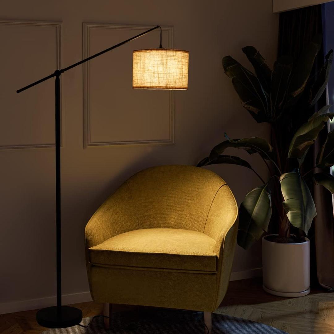 SURAIELEC Arc Floor Lamp, Overhang Cantilever Standing Floor Lamp for Couch, Sofa, Reading, Living Room, Bedroom, Adjustable Balance Arm, Natural Linen Drum Shade, Matt Black Metal Pole, Foot Switch  