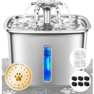 Veken Innovation Award Winner Stainless Steel Cat Water Fountain, 95oz/2.8L Automatic Pet Fountain with 6 Replacement Filters & 6 Pre-Filter Sponges & Silicone Mat for Cats, Dogs (Silver)