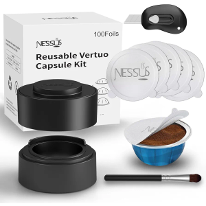 Nessus Reusable Kit for Nespresso Pods Vertuo, Reuse Old Coffee Pods for Nespresso Vertuo: 100 Pcs Aluminum Foil Seal Lid, Holder, Brush, Refillable Vertuo Plus Next Capsule Machine(No Pods Come)