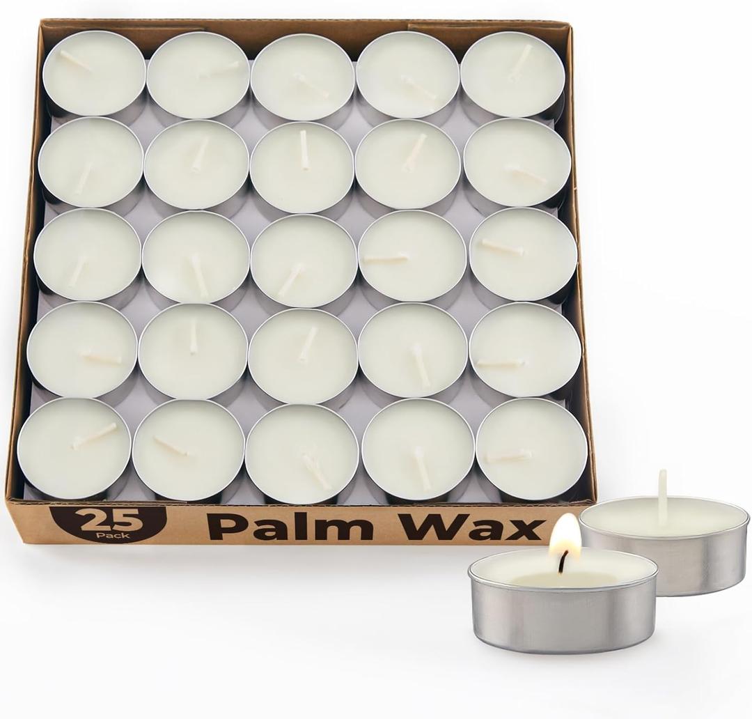 Unscented Palm Tea Lights Candles 50 Pack Bulk, 4.5 Hours Long Burning White Tea Lights,Non-Paraffin, Smokeless, Mini Tealight Candles for Wedding, Christmas Lights, Party, Power Outages