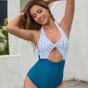 Women's One Piece Swimsuits Tummy Control Cutout High Waisted Bathing Suit Wrap Tie Back V Neck Swimwear (Blue, XL)