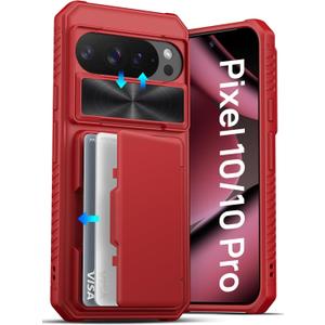 ATATOO for Google Pixel 10/Pixel 10 Pro Case Wallet, Built-in Card Holder (3-5 Cards) & Slide Lens Cover, Military Grade Protection, Silicone Phone Cover for Pixel 10/10 Pro 6.3" 2025, Red