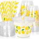 FYSUIMU 100Pcs Lemon Disposable Plastic Cups with Lids and Straws 9Oz Cute Yellow Lemonade Cold Beverage Drinking Cups for Summer Birthday Baby Shower Party Supplies (EXP 07/10/26)