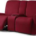 ULTICOR Squared Jacquard Design Reclining Loveseat with Middle Console Slipcover, 8-Piece Stretch Sofa Covers, 2 seat Loveseat Recliner Cover (Loveseat with Console Recliner Cover, Burgundy - Wine)
